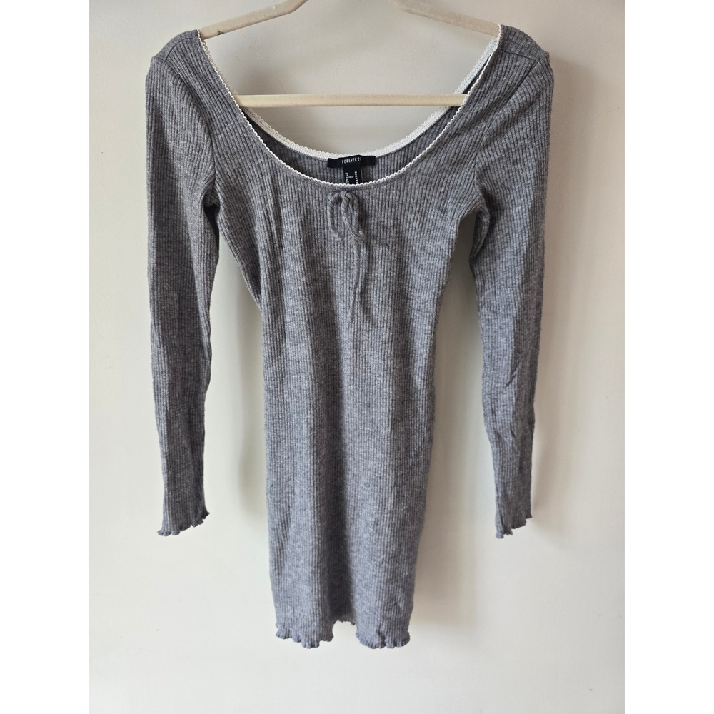 Forever 21 Women Gray Ribbed Lace Trim Long Sleeve Bodycon Mini Dress Size M